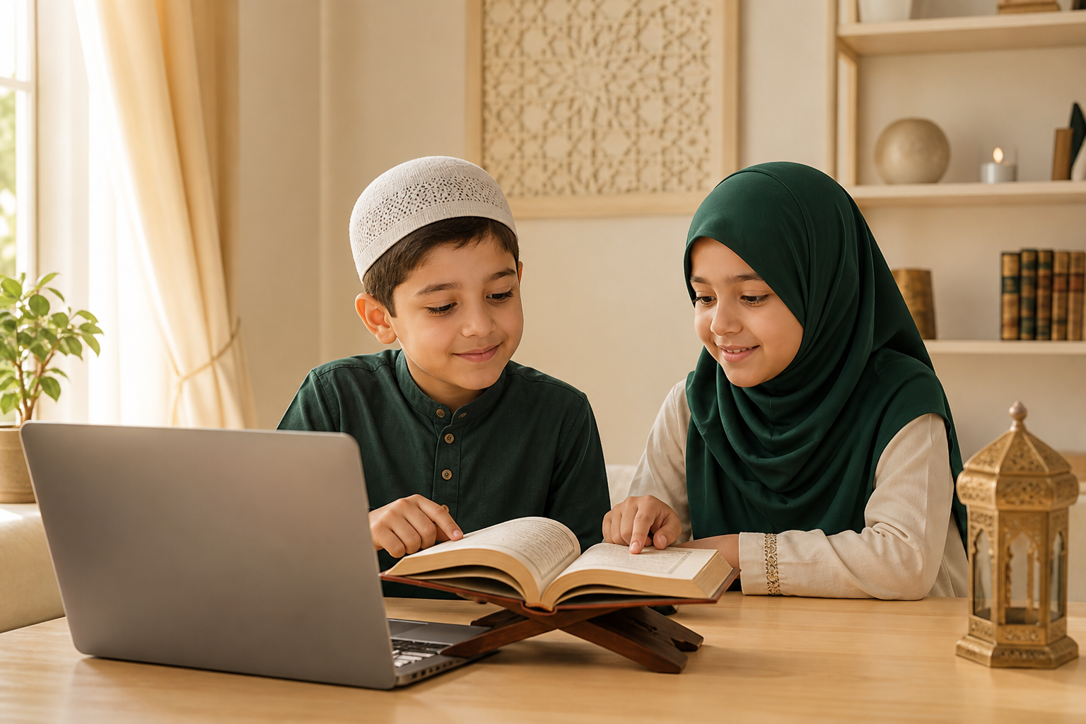 Children taking a Quran lesson online at home