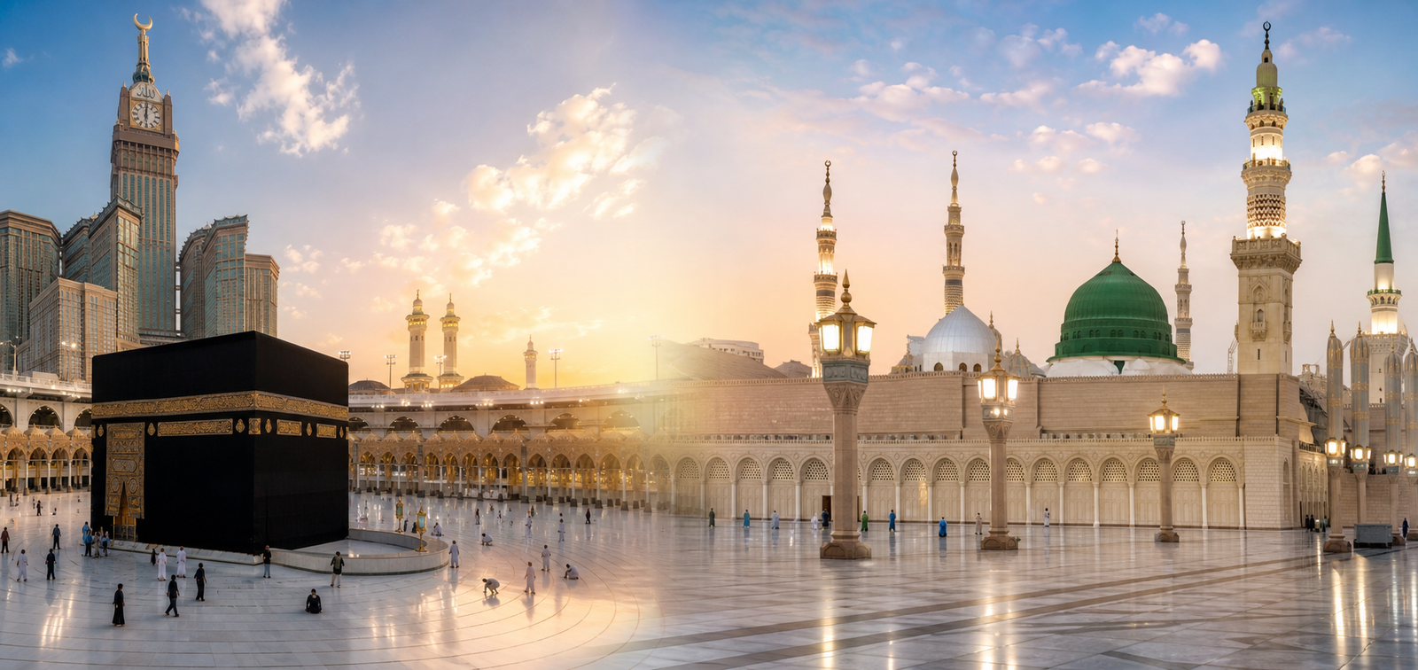 A peaceful panoramic view inspired by Makkah and Madinah at dawn