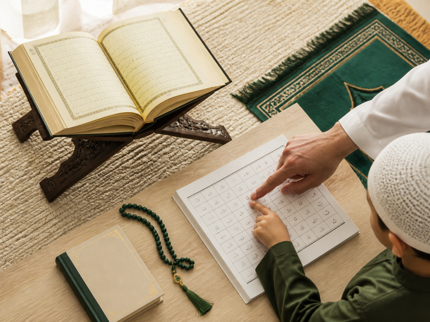 Quran and beginner learning materials arranged for a lesson